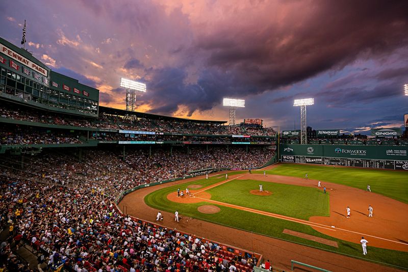 Fenway Park at sunset during a Red Sox game